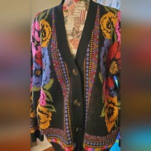 FARM Rio Floral Knit Cardigan with Black and Multicolor Accents